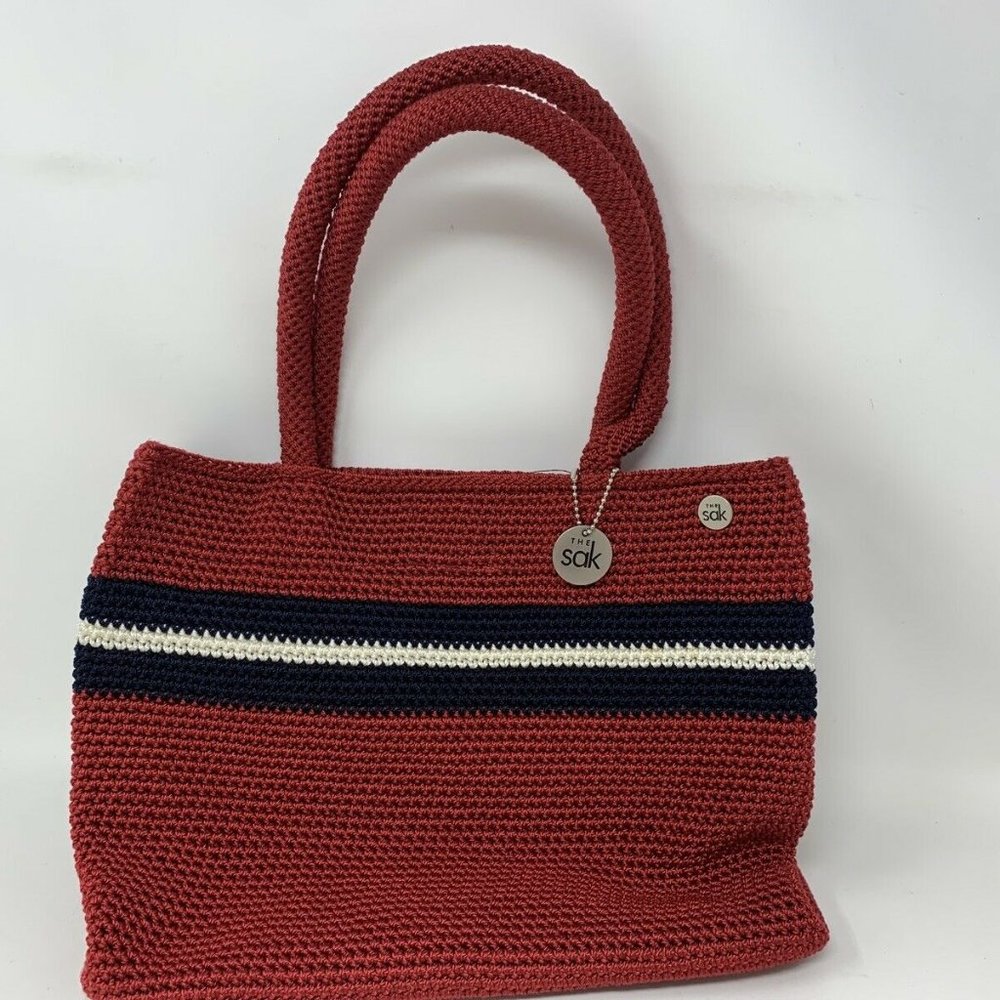 The SAK Medium Red - Navy & White Stripes Crochet Handbag Shoulder Bag w/ Coin